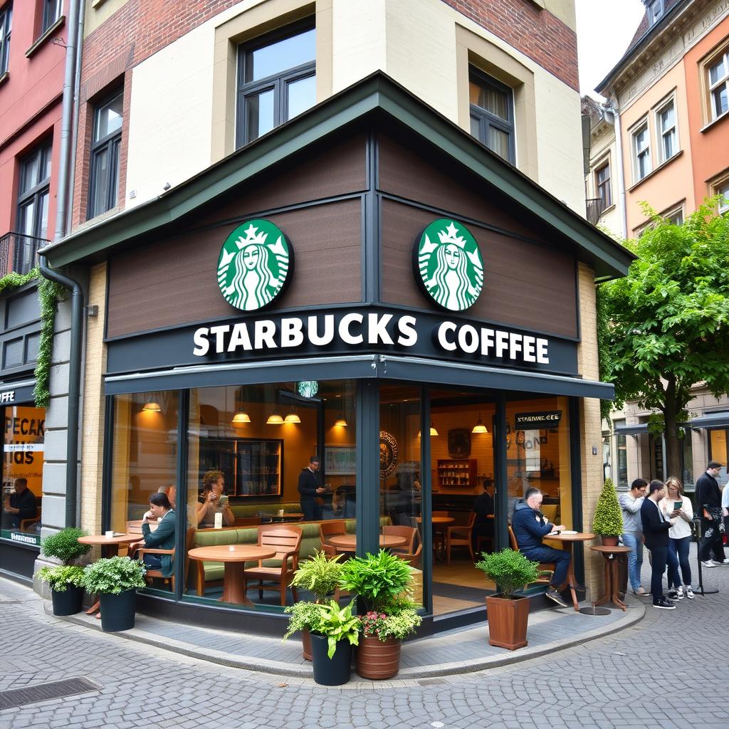 A Starbucks Coffee building located in Germany, featuring the traditional Starbucks architecture blended with German architectural styles