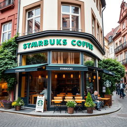 A Starbucks Coffee building located in Germany, featuring the traditional Starbucks architecture blended with German architectural styles