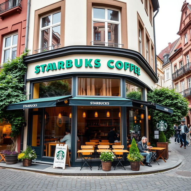A Starbucks Coffee building located in Germany, featuring the traditional Starbucks architecture blended with German architectural styles