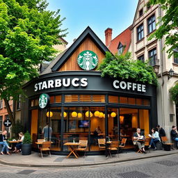 A Starbucks Coffee building located in Germany, featuring the traditional Starbucks architecture blended with German architectural styles
