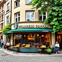 A Starbucks Coffee building located in Germany, featuring the traditional Starbucks architecture blended with German architectural styles