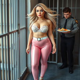 A full-length photograph of a sexy, stunningly beautiful, plump 18-year-old girl with flowing blond hair and striking crystal blue eyes