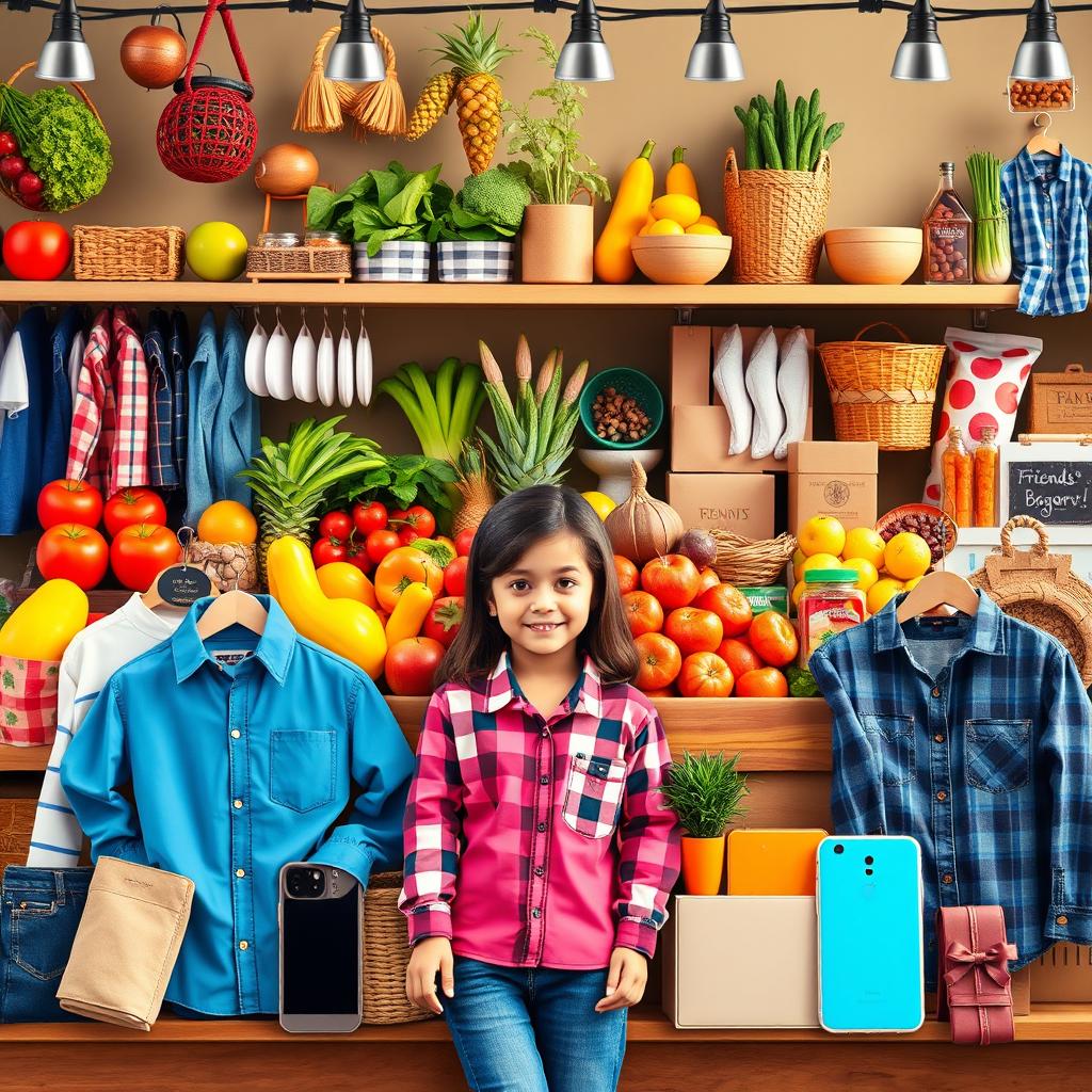 A vibrant and modern business branding image for "Friend's Bazar", showcasing a variety of organic food items alongside trendy international products like stylish clothing for both boys and girls, and the latest smart and electronic devices