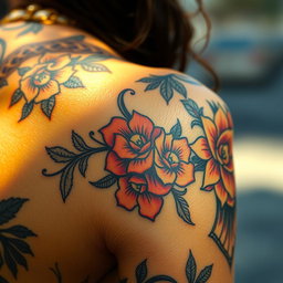 A close-up view of intricate tattoo designs on skin, featuring a mix of tribal patterns and floral elements, with vibrant colors and detailed shading