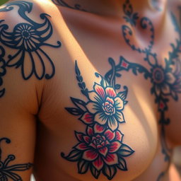 A close-up view of intricate tattoo designs on skin, featuring a mix of tribal patterns and floral elements, with vibrant colors and detailed shading