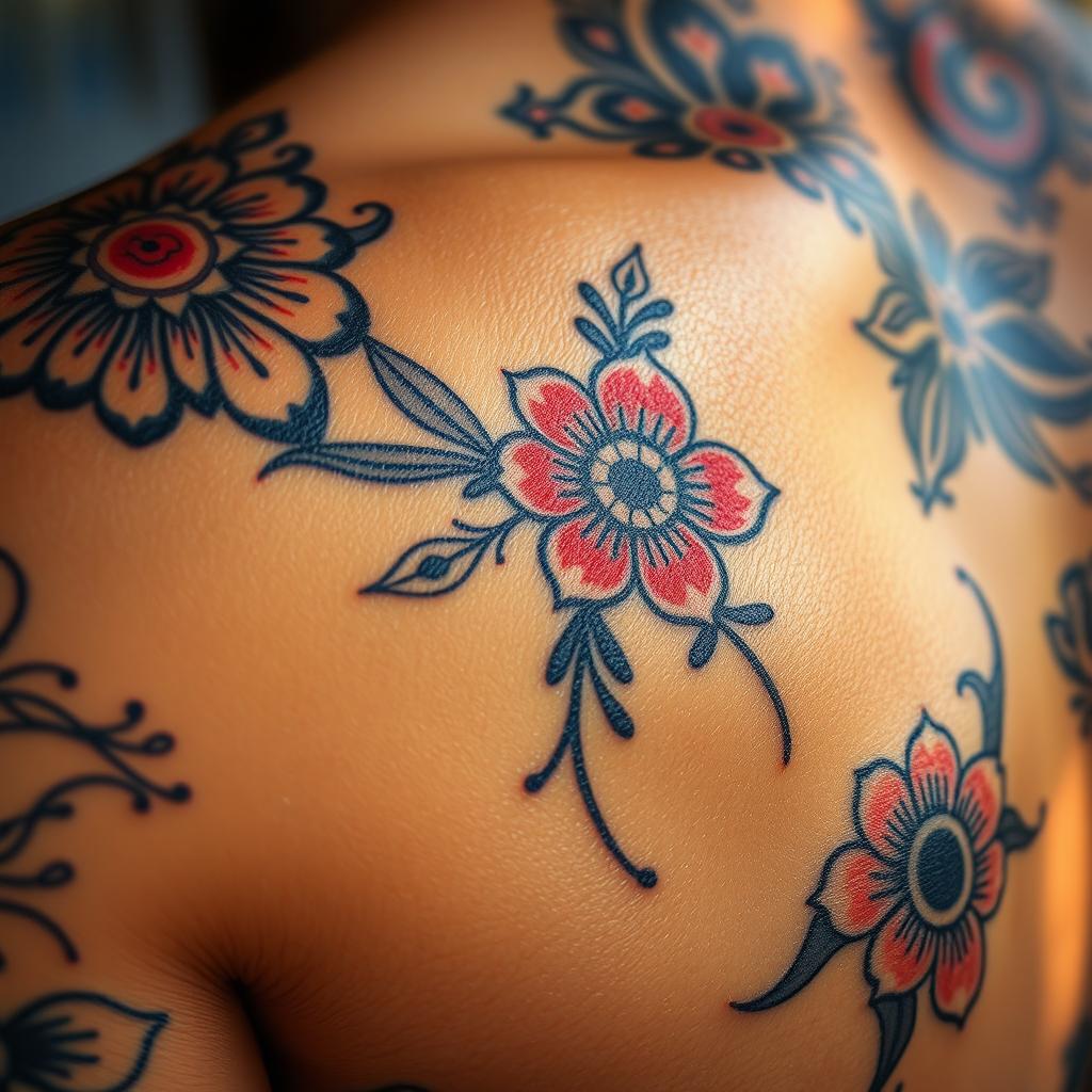 A close-up view of intricate tattoo designs on skin, featuring a mix of tribal patterns and floral elements, with vibrant colors and detailed shading