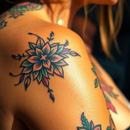 A close-up view of intricate tattoo designs on skin, featuring a mix of tribal patterns and floral elements, with vibrant colors and detailed shading