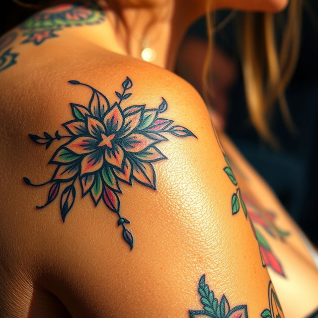 A close-up view of intricate tattoo designs on skin, featuring a mix of tribal patterns and floral elements, with vibrant colors and detailed shading