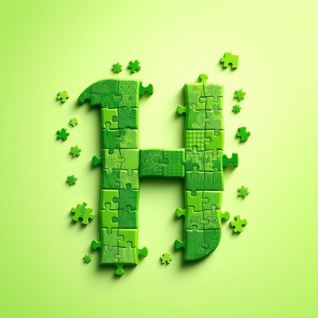 A creative interpretation of a green letter 'H' designed as a puzzle, featuring intricate patterns and textures on each segment of the letter