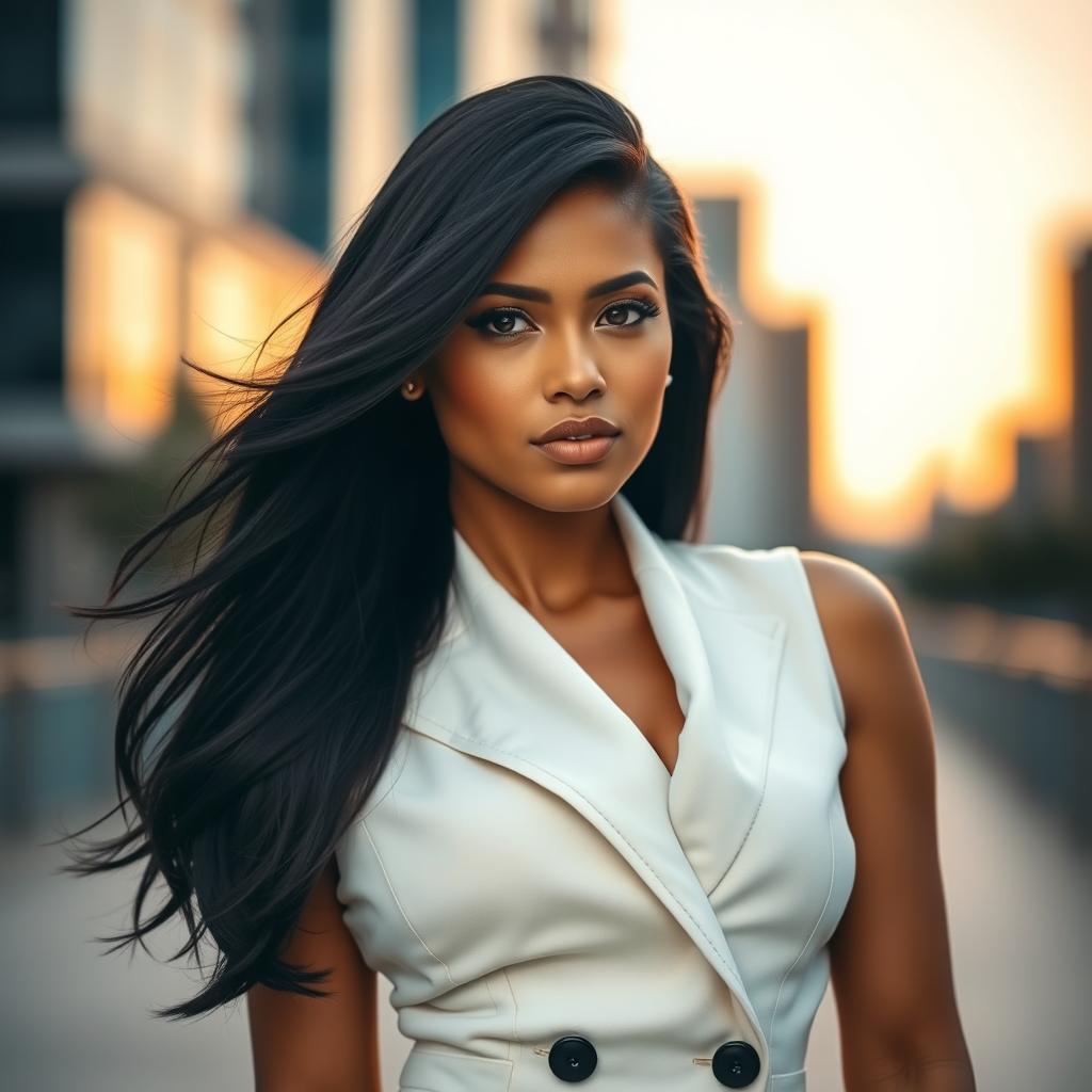 A striking portrait of a bold and confident woman wearing a tailored white vest, exuding sophistication