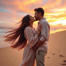 A romantic scene featuring a couple passionately kissing under a sunset sky