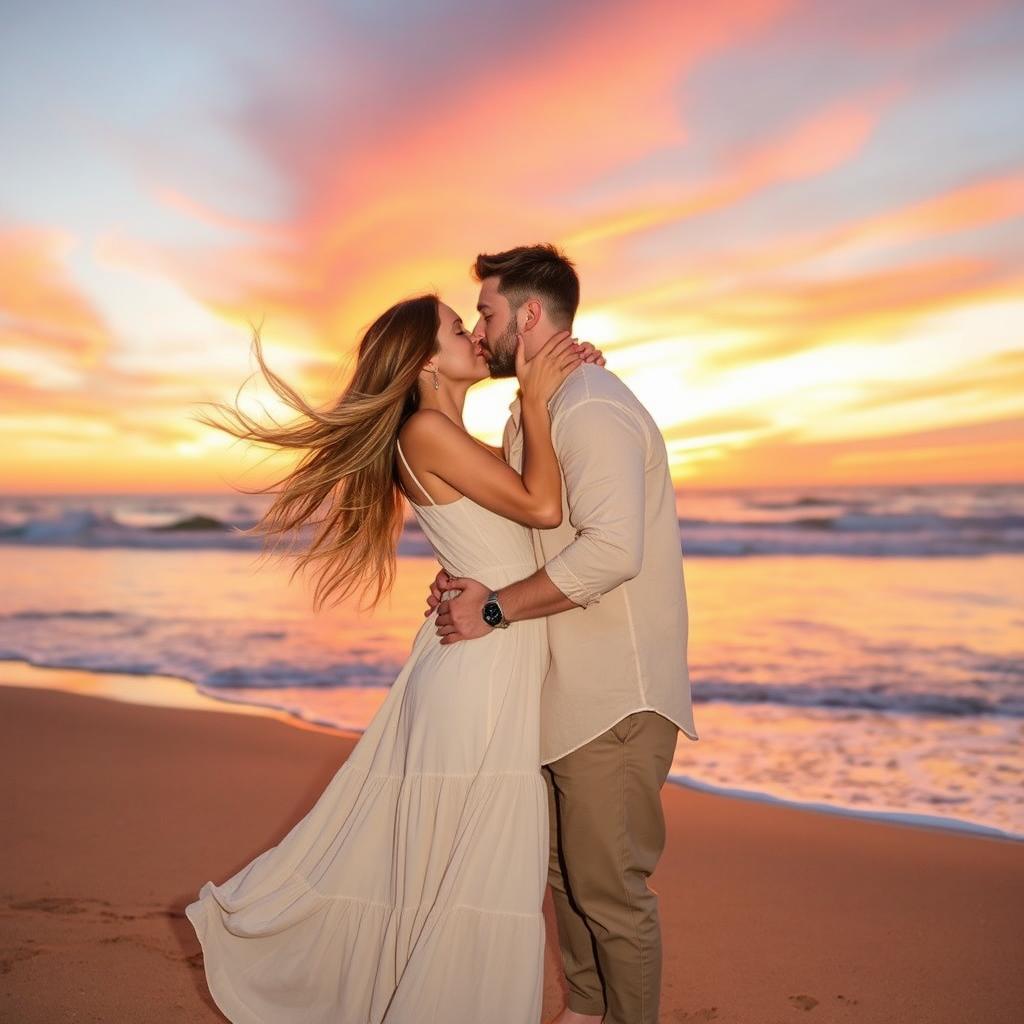 A romantic scene featuring a couple passionately kissing under a sunset sky