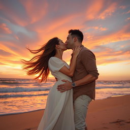A romantic scene featuring a couple passionately kissing under a sunset sky