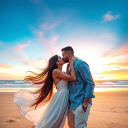 A romantic scene featuring a couple passionately kissing under a sunset sky