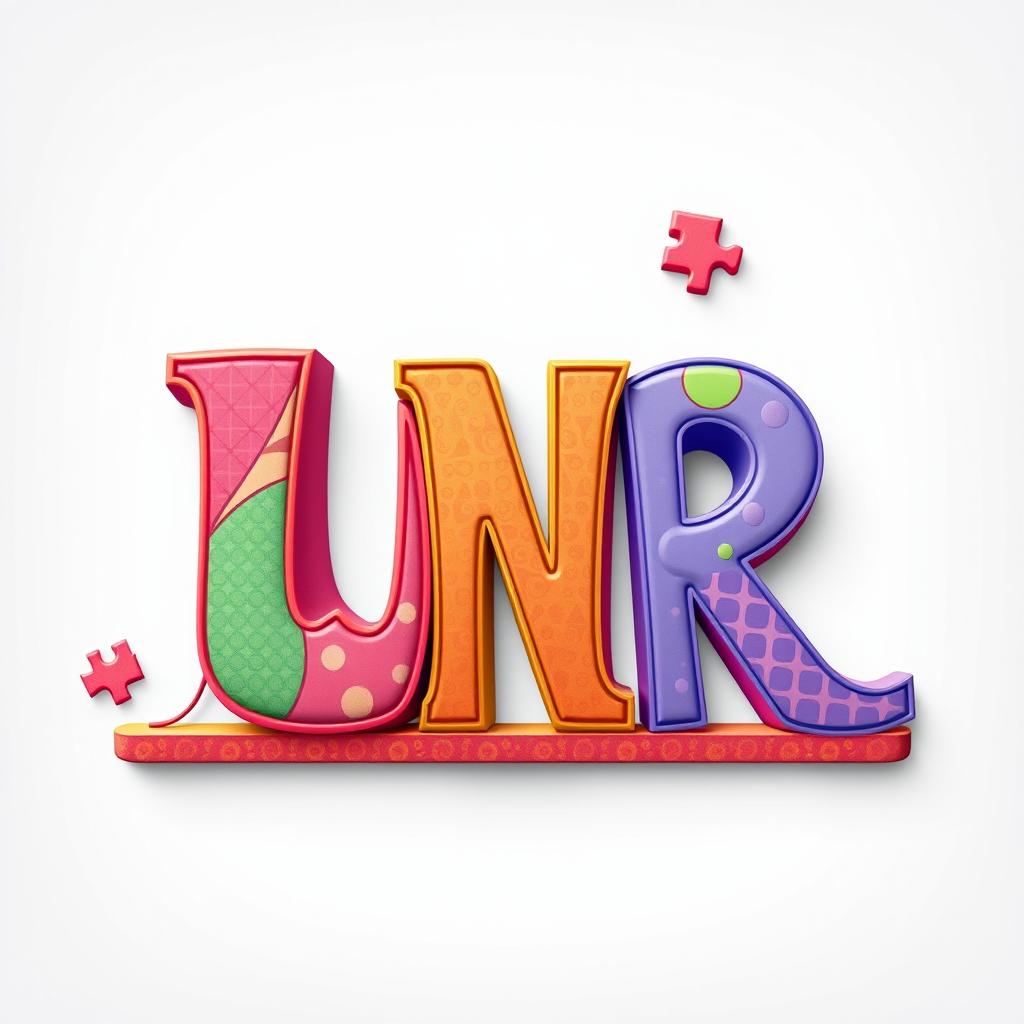 A visually stimulating 'Letter UNR' puzzle game design, featuring bold, colorful letters of 'UNR' showcased in an intricate, engaging layout