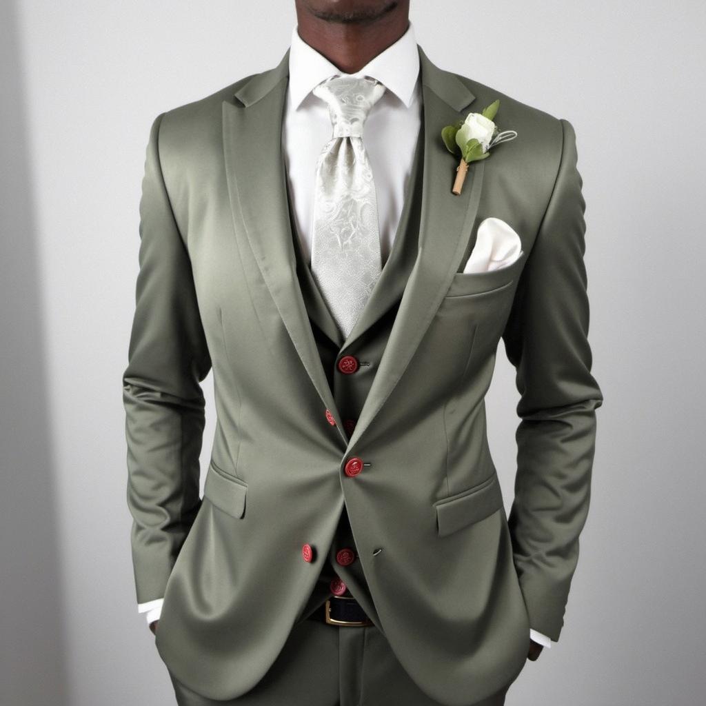 A stylish man in a tailored suit, featuring a white vest, silver tie with an intricate pattern, and a green suit jacket