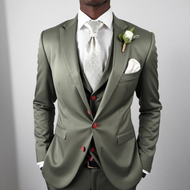 A stylish man in a tailored suit, featuring a white vest, silver tie with an intricate pattern, and a green suit jacket