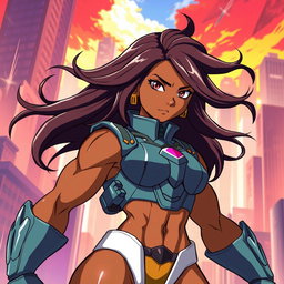 A powerful African American anime character embodying strength and resilience, showcasing a muscular build and a determined expression