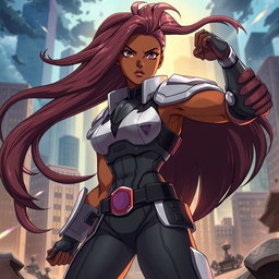 A powerful African American anime character embodying strength and resilience, showcasing a muscular build and a determined expression