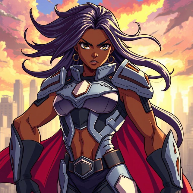 A powerful African American anime character embodying strength and resilience, showcasing a muscular build and a determined expression