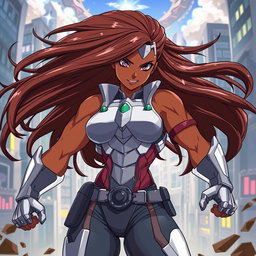 A powerful African American anime character embodying strength and resilience, showcasing a muscular build and a determined expression