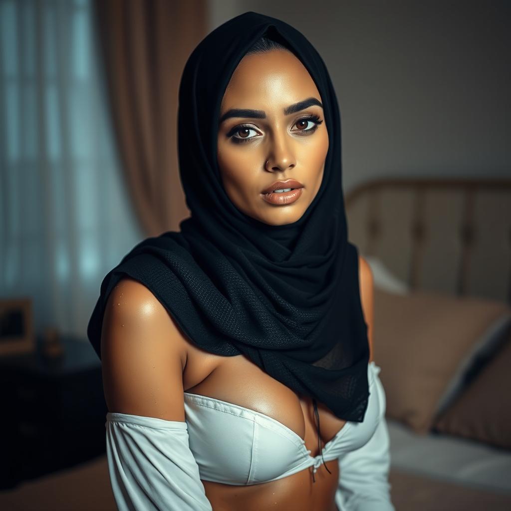 A beautiful woman wearing a stylish hijab and alluring clothing that highlights her form, with her face and clothes glistening as if wet