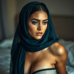 A beautiful woman wearing a stylish hijab and alluring clothing that highlights her form, with her face and clothes glistening as if wet