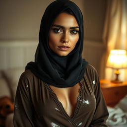 A beautiful woman wearing a stylish hijab and alluring clothing that highlights her form, with her face and clothes glistening as if wet