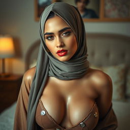 A beautiful woman wearing a stylish hijab and alluring clothing that highlights her form, with her face and clothes glistening as if wet