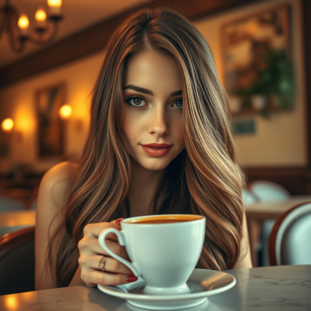 A tasteful and artistic representation of a beautiful young woman with long, flowing hair, reminiscent of Sabrina Carpenter, enjoying a cup of espresso