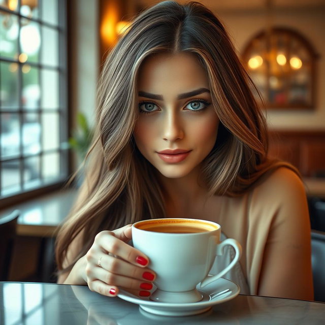 A tasteful and artistic representation of a beautiful young woman with long, flowing hair, reminiscent of Sabrina Carpenter, enjoying a cup of espresso