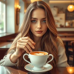 A tasteful and artistic representation of a beautiful young woman with long, flowing hair, reminiscent of Sabrina Carpenter, enjoying a cup of espresso