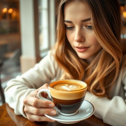 A tasteful and artistic representation of a beautiful young woman with long, flowing hair, reminiscent of Sabrina Carpenter, enjoying a cup of espresso