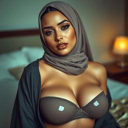 A stunning woman wearing a fashionable hijab paired with sexy clothing that accentuates her curves, showcasing her big breasts