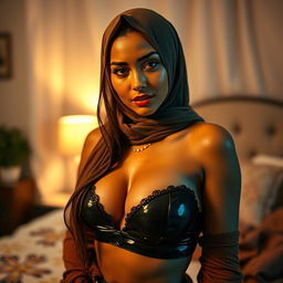 A stunning woman wearing a fashionable hijab paired with sexy clothing that accentuates her curves, showcasing her big breasts