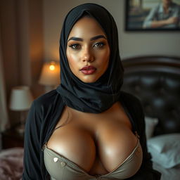 A stunning woman wearing a fashionable hijab paired with sexy clothing that accentuates her curves, showcasing her big breasts