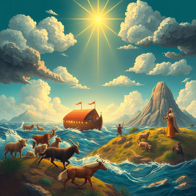 A visually striking illustration inspired by stories from the Old Testament, featuring vibrant scenes such as the parting of the Red Sea, Noah’s Ark surrounded by animals, and Moses receiving the Ten Commandments at Mount Sinai