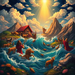 A visually striking illustration inspired by stories from the Old Testament, featuring vibrant scenes such as the parting of the Red Sea, Noah’s Ark surrounded by animals, and Moses receiving the Ten Commandments at Mount Sinai