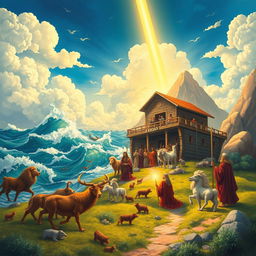 A visually striking illustration inspired by stories from the Old Testament, featuring vibrant scenes such as the parting of the Red Sea, Noah’s Ark surrounded by animals, and Moses receiving the Ten Commandments at Mount Sinai