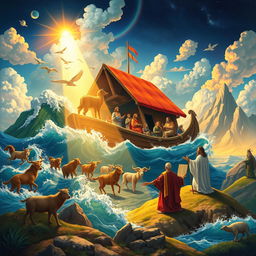 A visually striking illustration inspired by stories from the Old Testament, featuring vibrant scenes such as the parting of the Red Sea, Noah’s Ark surrounded by animals, and Moses receiving the Ten Commandments at Mount Sinai