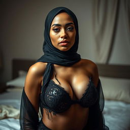A striking woman wearing an elegant hijab along with revealing attire that highlights her figure, displaying her big breasts