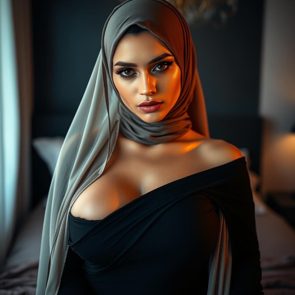 A striking woman wearing an elegant hijab along with revealing attire that highlights her figure, displaying her big breasts