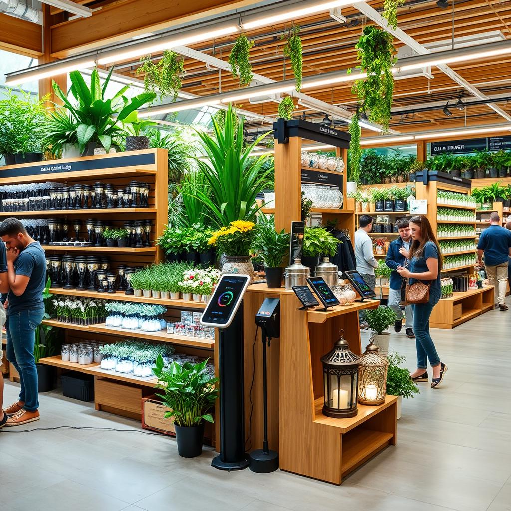 A spacious and modern garden store display featuring solar garden lights and charging stations