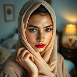 A beautiful woman wearing a hijab in an artistic and tasteful manner, posing in a serene bedroom setting