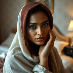 A beautiful woman wearing a hijab in an artistic and tasteful manner, posing in a serene bedroom setting