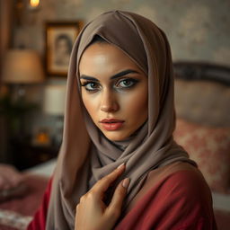 A beautiful woman wearing a hijab in an artistic and tasteful manner, posing in a serene bedroom setting