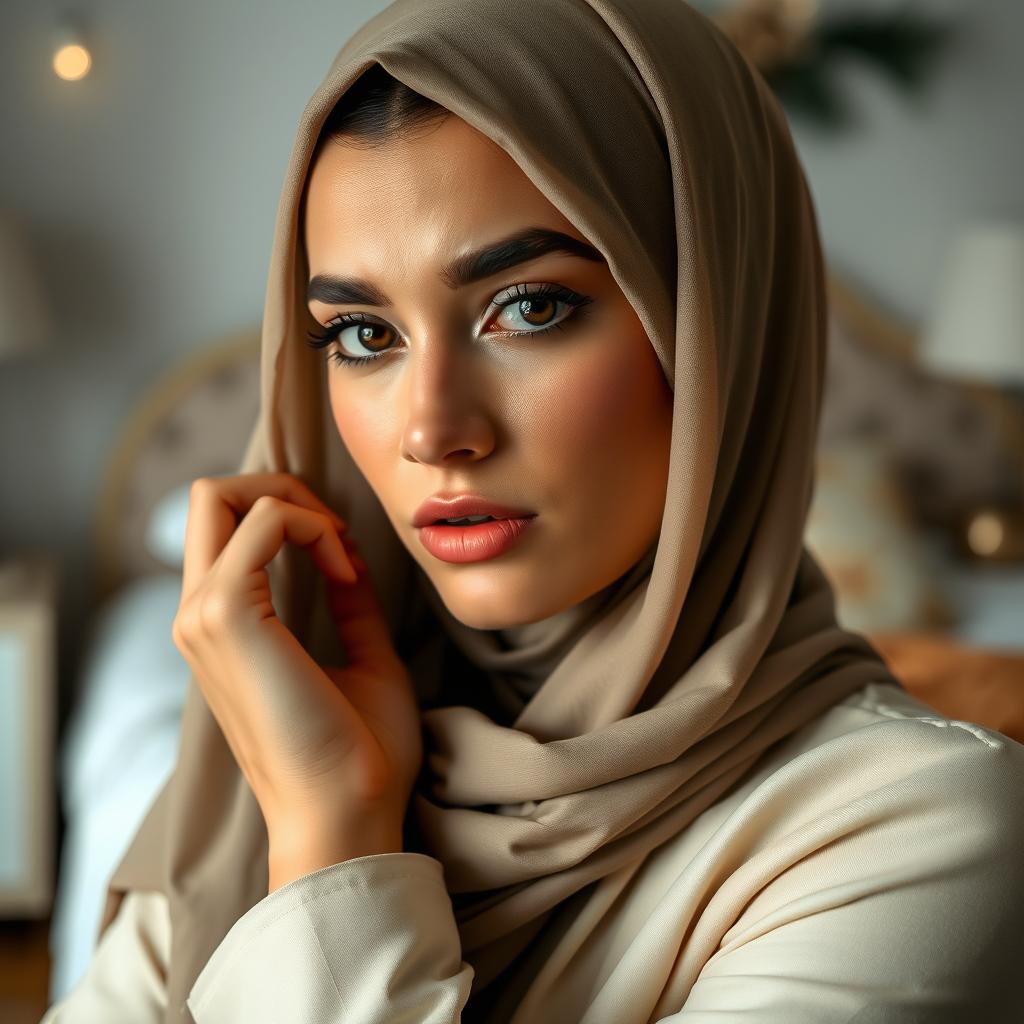 A beautiful woman wearing a hijab in an artistic and tasteful manner, posing in a serene bedroom setting