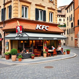 A KFC restaurant situated in Italy, featuring the brand's familiar design combined with distinct Italian architectural styles