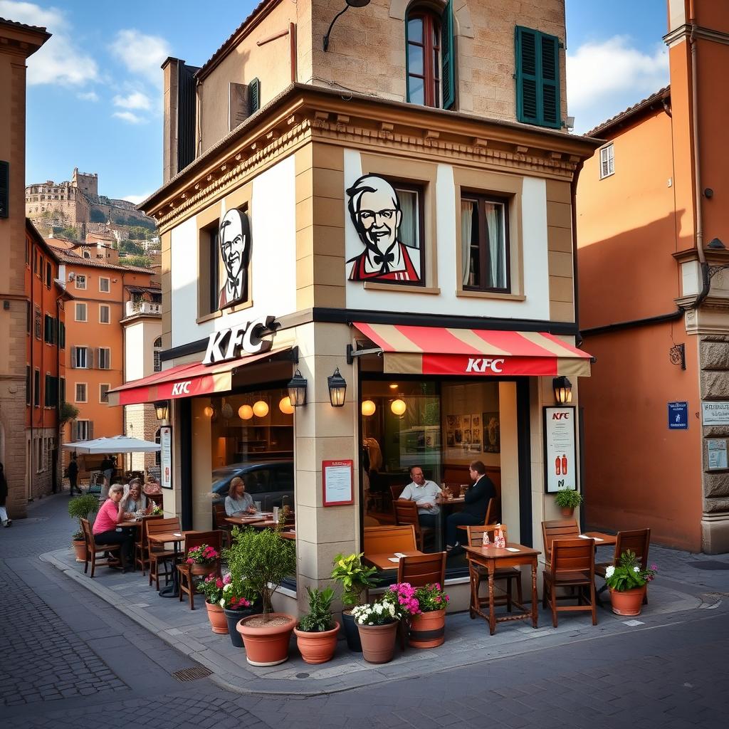 A KFC restaurant situated in Italy, featuring the brand's familiar design combined with distinct Italian architectural styles