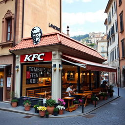 A KFC restaurant situated in Italy, featuring the brand's familiar design combined with distinct Italian architectural styles